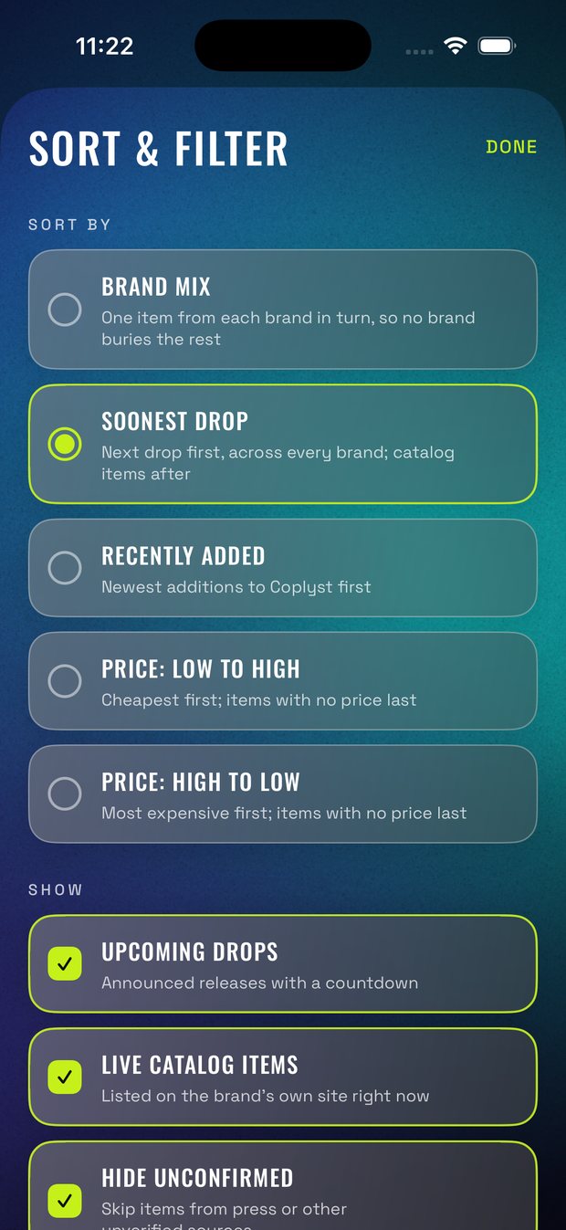 Sort and filter options