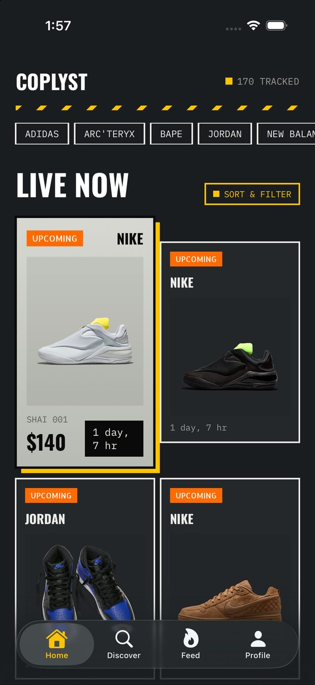Coplyst home feed showing upcoming drops with countdowns